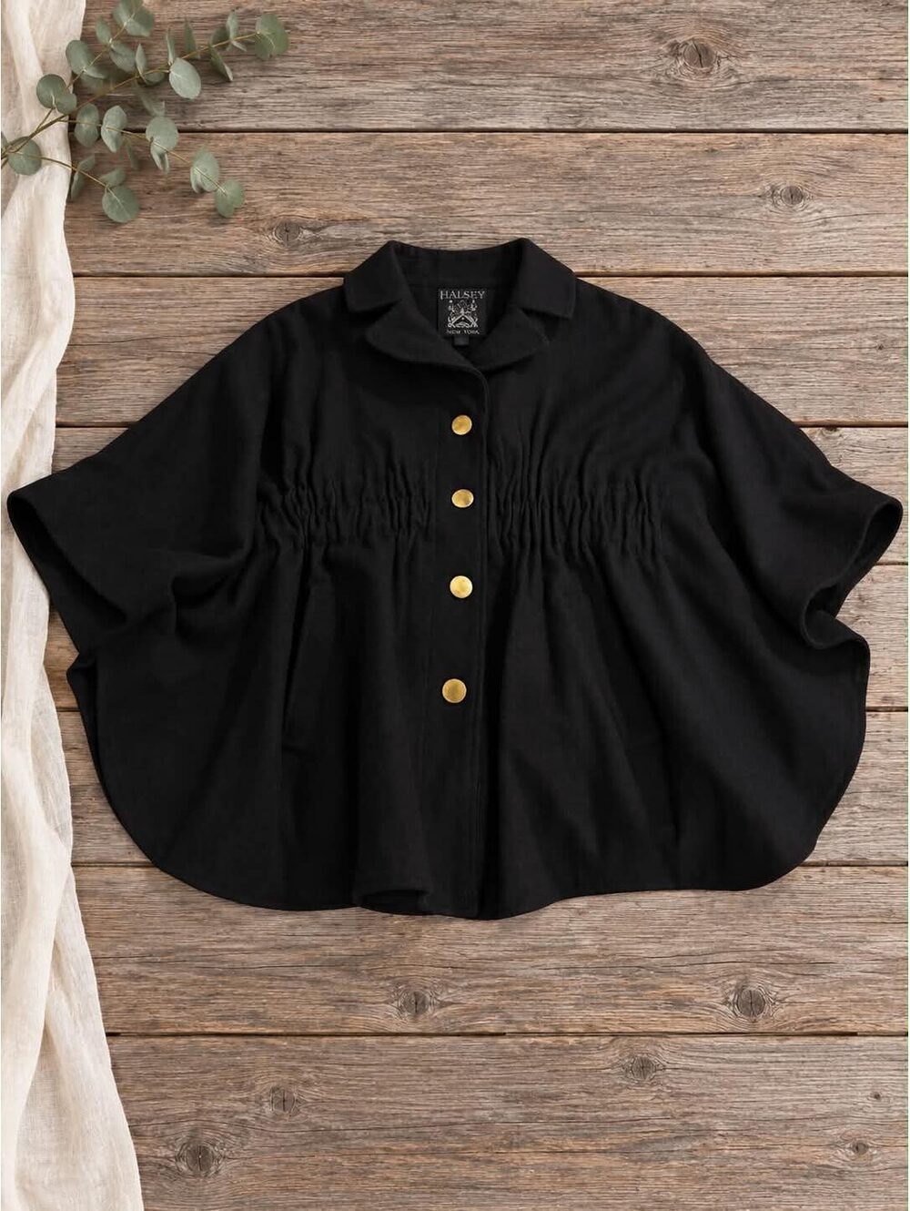 Hilary Radley Women's Black Wool Poncho with Gold Buttons, Size M
